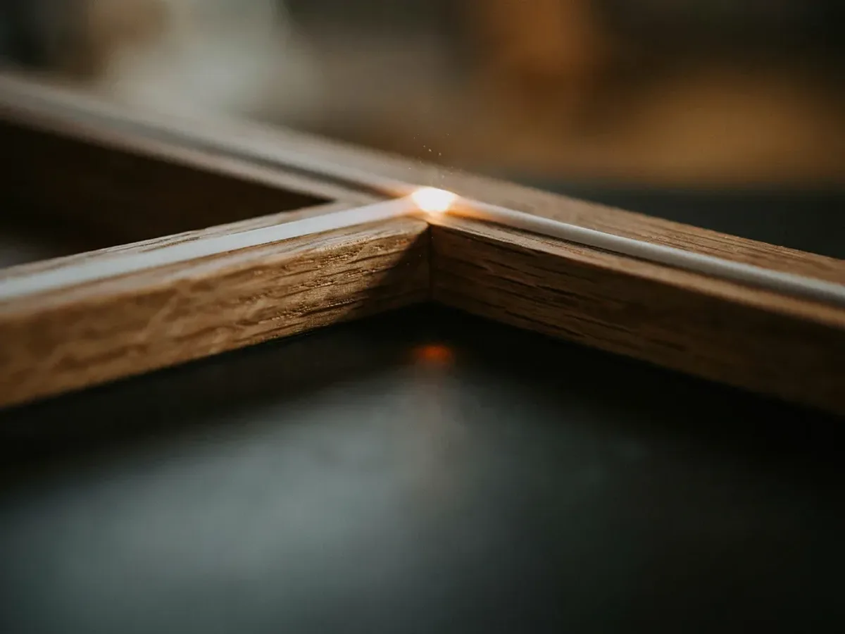 A hand-finished oak frame's mitered corner, the slim warm light line glowing along the top edge.