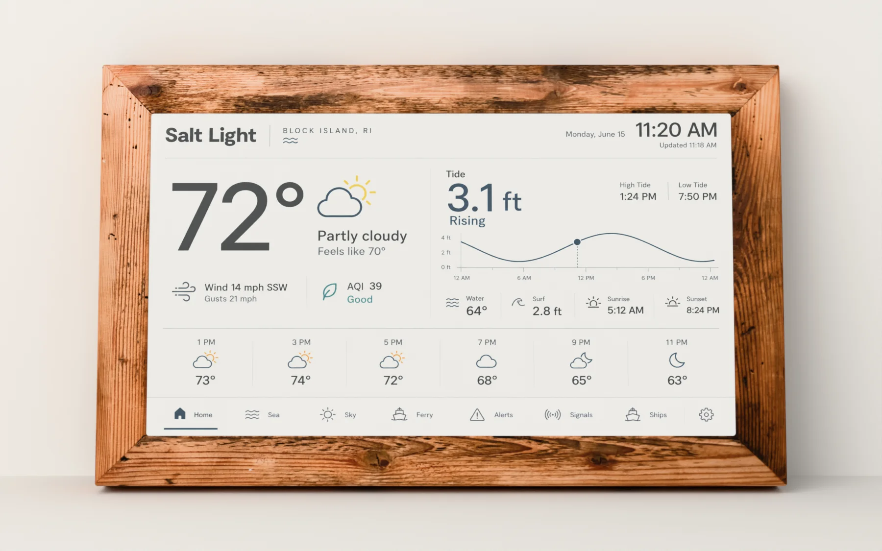 The Salt Light Instrument leaning against a wall, showing the Home screen: temperature, air quality, the day's tide curve and the next hours.